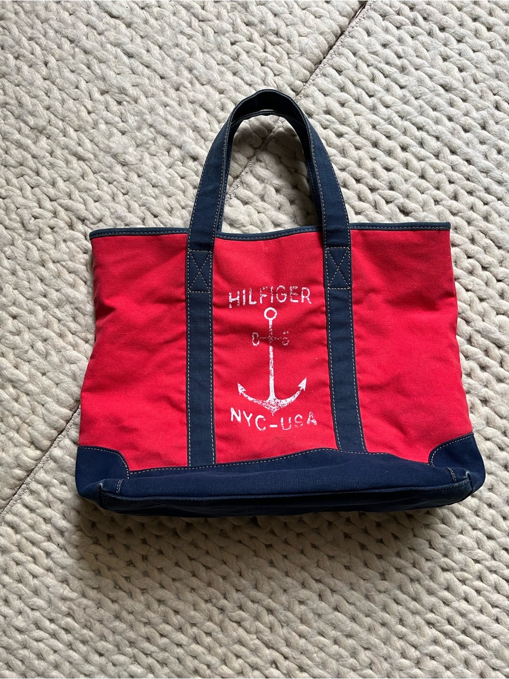 Tommy Hilfiger Red and Navy Canvas Tote with Anchor Graphic